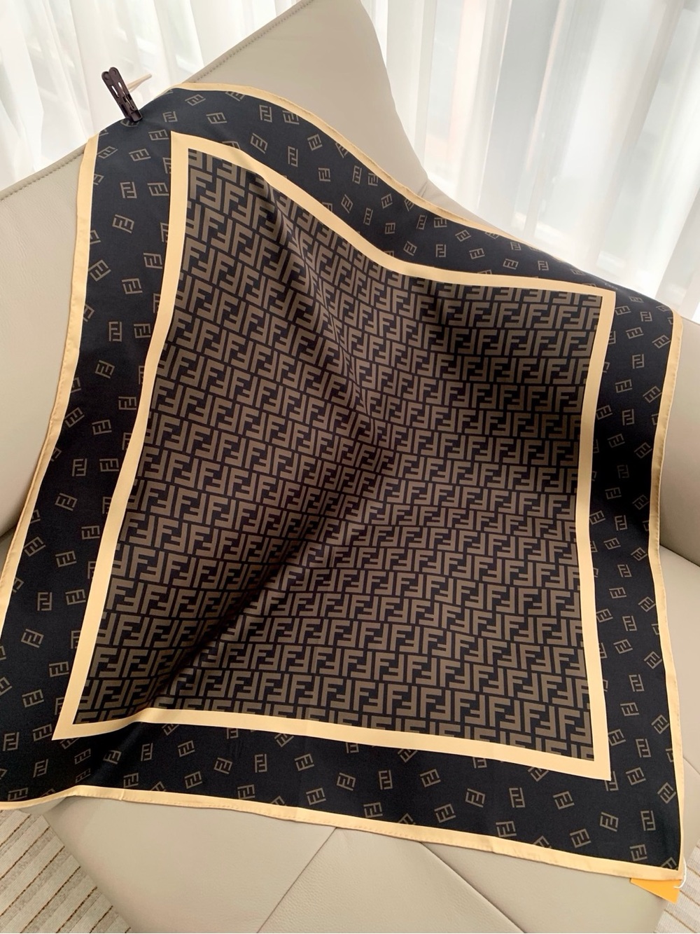 NWOT Fendi Monogram Silk Scarf in Black and Tan, 90x90 cm